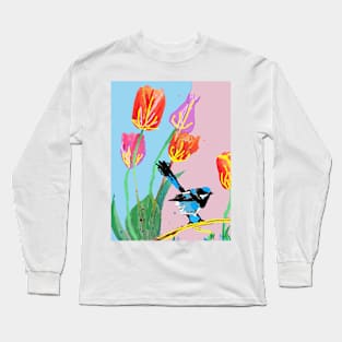 Abstract Blue Wren and Tulips Painting - on Pale Pink and Blue Long Sleeve T-Shirt